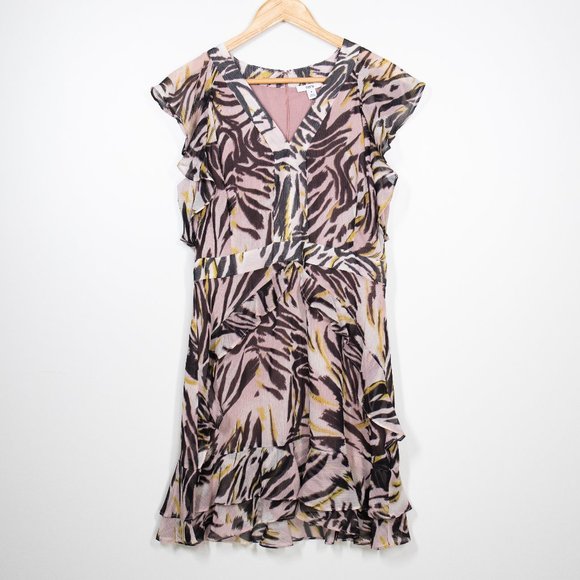 Flutter sleeve animal print chiffon dress pink black yellow size 8 - Picture 3 of 13